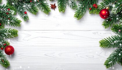 Festive Christmas frame made of green pine branches with red ornaments and snow accents on a white wooden background, perfect for holiday greeting cards, posters, and seasonal promotions.