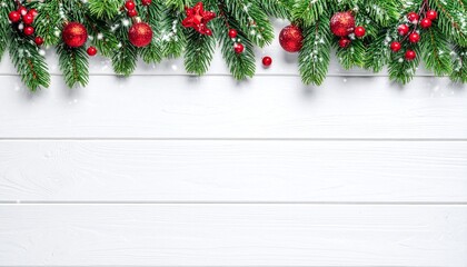 Top view Christmas composition featuring evergreen branches and red baubles arranged as a border over a light wooden surface, providing a clean space for text or product display.