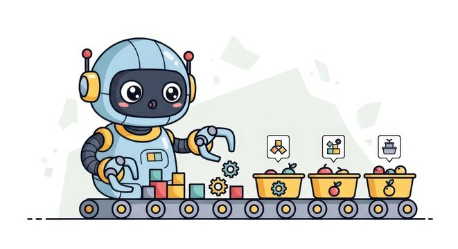 Cute automaton operates a sophisticated assembly line sorting diverse items for distribution