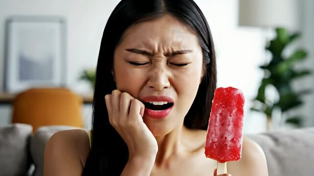 Asian Woman Feels Tooth Pain from Sensitive Teeth Eating a Popsicle