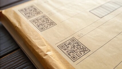 Brown package with QR codes on a wooden surface, showcasing modern shipping and delivery technology.