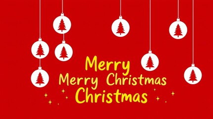 Festive merry christmas text with hanging ornaments and red background