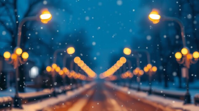 Snowy evening park pathway illuminated by warm lanterns and falling snow - Powered by Adobe