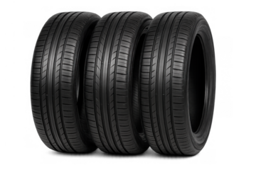 Set of three new car tires with modern tread pattern, showing automotive rubber technology on transparent background