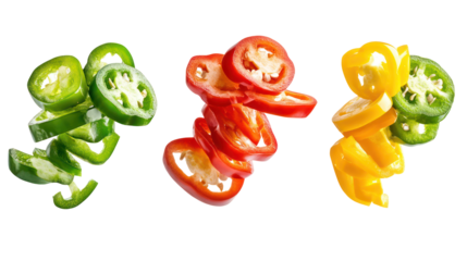 Three sliced peppers in a row isolated on transparent background