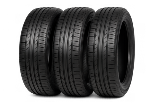 Set of three new car tires with modern tread pattern, showing automotive rubber technology on transparent background