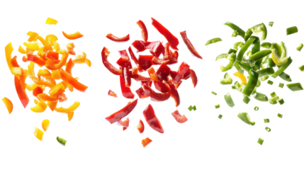 Three piles of chopped bell peppers in red orange and green isolated on transparent background