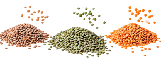 Three piles of lentils and mung beans isolated on transparent background