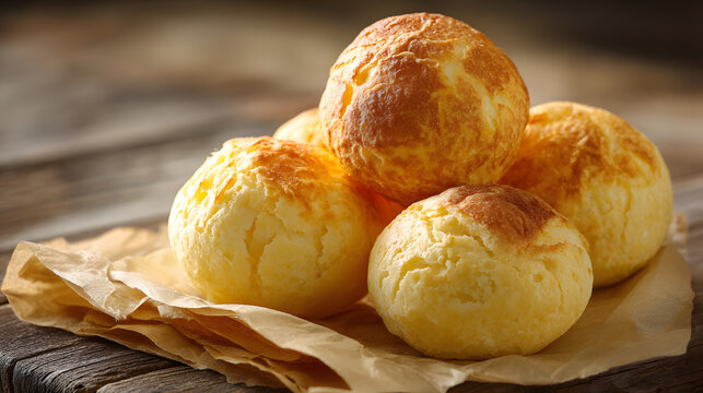 Traditional Brazilian cheese bread on parchment paper on a wooden table. Illustration of a food menu and recipe background.