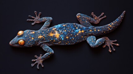 Naklejka premium Flying Gecko, its skin flaps like stained parchment showing constellations, surreal celestial map texture, dim starlight effect