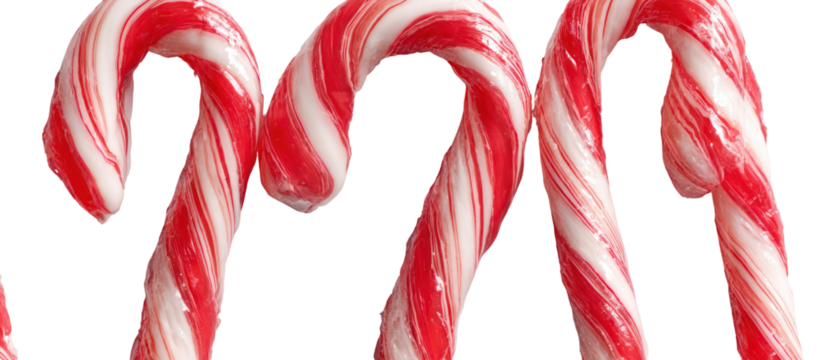 Three red and white striped candy canes isolated on transparent background