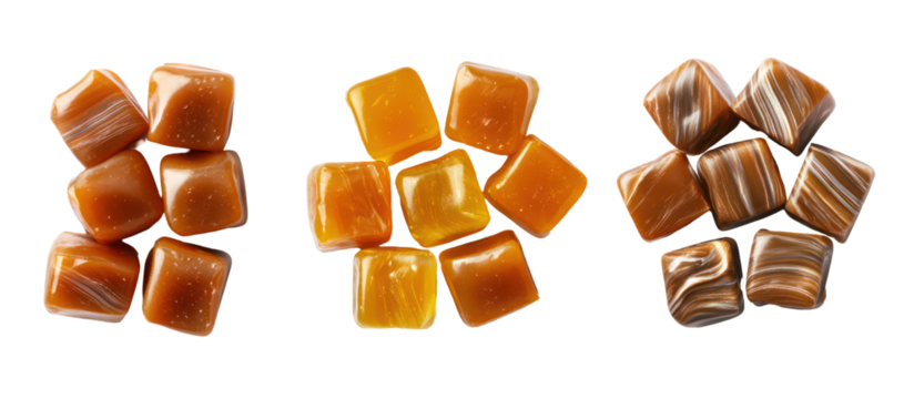 Three piles of caramel candy chocolate candy and jelly candy side by side on transparent background