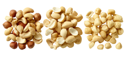 Three piles of assorted nuts and seeds isolated on transparent background