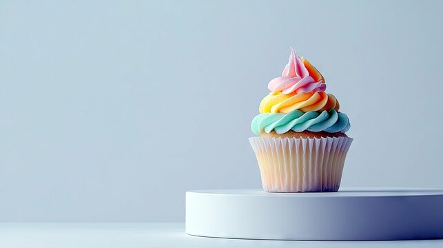 A single cupcake with swirled frosting in pastel rainbow colors is presented on a white display stand, isolated against a soft blue backdrop.