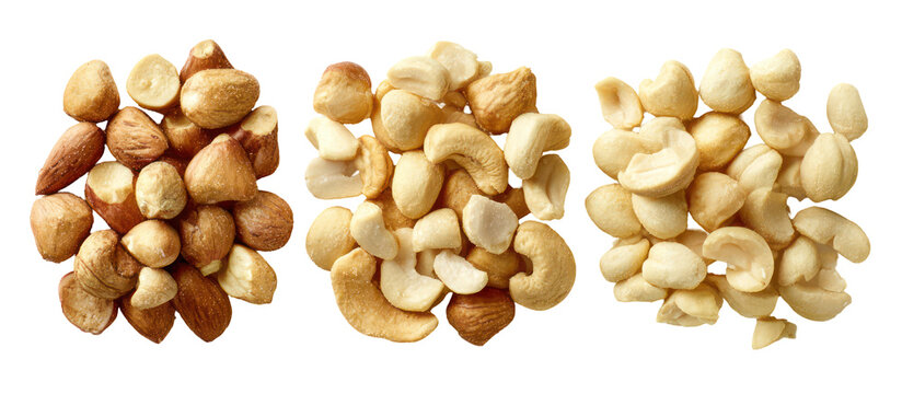 Three piles of raw peanuts and blanched peanuts isolated on transparent background