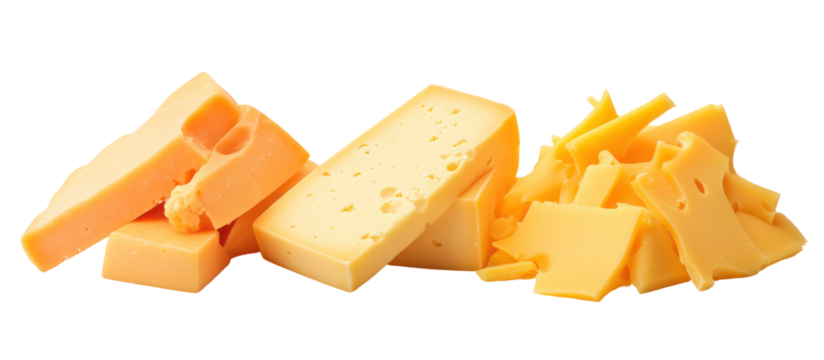 Cheddar cheese chunks and shavings isolated on transparent background