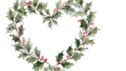 Fototapeta premium Heart-shaped Holly Wreath - Festive Watercolor Illustration for Holiday Decor.