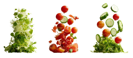 Fresh lettuce tomatoes and cucumber slices falling isolated on transparent background