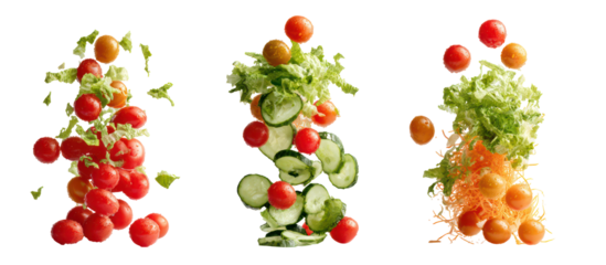 Three towers of fresh vegetables isolated on transparent background