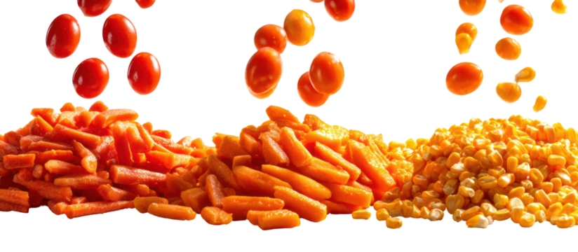 Three piles of chopped carrots and corn isolated on transparent background
