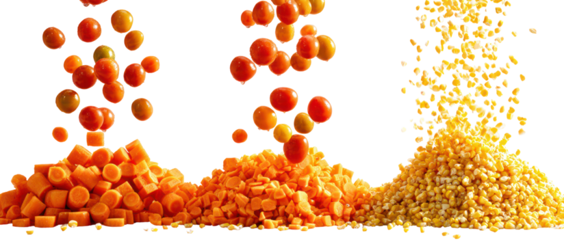 Three piles of dried corn kernels falling isolated on transparent background