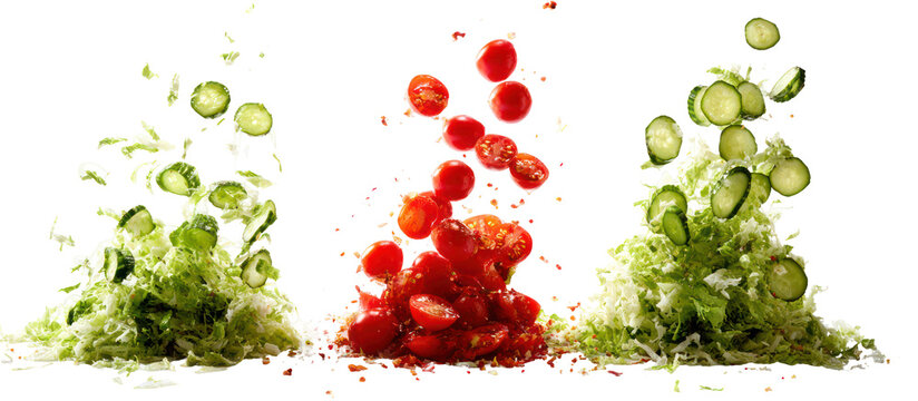 Fresh salad ingredients falling isolated on transparent background