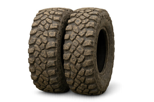 Dirty off-road tires on transparent background, rugged rubber treads for extreme terrain and adventure driving