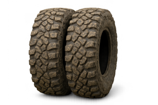 Dirty off-road tires on transparent background, rugged rubber treads for extreme terrain and adventure driving