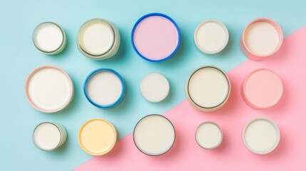 Fototapeta premium casein. Fresh dairy products neatly arranged under soft lighting with a clean pastel background. menu design, packaging mockups, designed for food delivery and cloud-kitchen brand materials. 