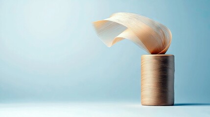 A spool of thread with a strand of material flowing upwards, set against a soft blue background.