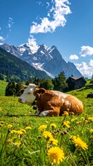 Naklejka premium Cow rests in flowery meadow with snow-capped peaks and distant cabin backdrop