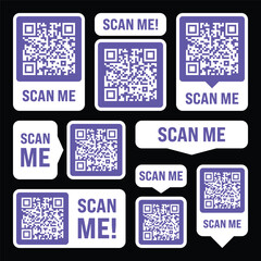 Digital templates for QR code integration, including various shapes and sizes of QR codes paired with clear 