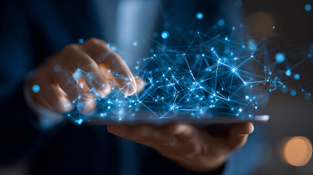 Change manager hands holding tablet transformation network connections innovation modernization digital strategy culture progress restructuring processes agility performance adaptation.