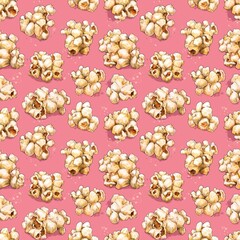 Seamless popcorn pattern on pink background, hand-drawn snack illustration, texture for packaging and design