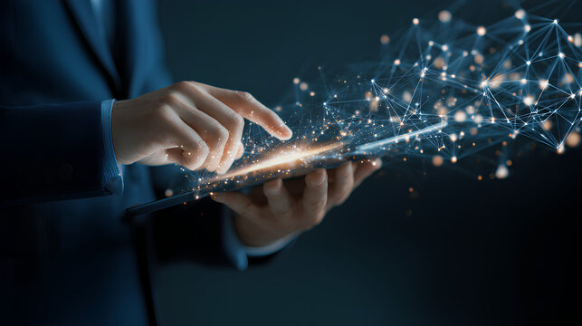 Change manager hands holding tablet transformation network connections innovation modernization digital strategy culture progress restructuring processes agility performance adaptation. - Powered by Adobe