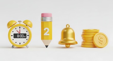 Collection of school-related objects, including an alarm clock, a pencil with number 2, a bell, and coins, representing education and finance