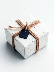 A white gift box is neatly wrapped with rustic twine and adorned with a small, dark rectangular tag, presented on a plain white surface.