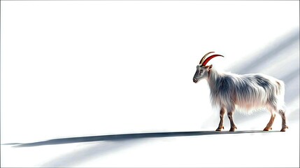 A solitary white goat with shaggy fur and striking curved horns stands against a bright white background, with dramatic shadows.