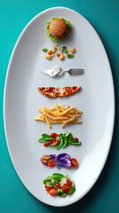 A white oval plate displays a vertical arrangement of food items including a burger, fried snacks, a dollop of cream on a fork, a slice of pizza, french fries,