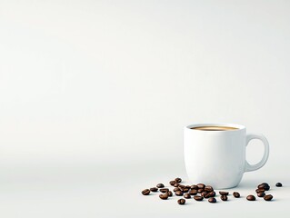 A white mug of coffee is placed on a white surface, surrounded by roasted coffee beans.