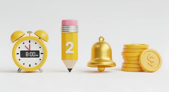 Collection of school-related objects, including an alarm clock, a pencil with number 2, a bell, and coins, representing education and finance