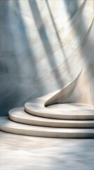A minimalist abstract background featuring curved concrete steps bathed in soft light and shadow, creating a serene and modern aesthetic.