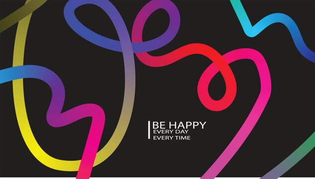 Vibrant abstract design featuring flowing multicolored ribbons on a dark background with an uplifting message.