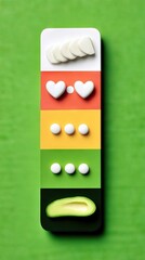 A vertical arrangement of white pills, heart-shaped candies, and avocado slices on colored stripes against a green backdrop.