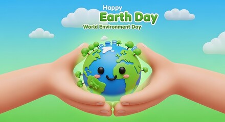Happy Earth Day and World Environment Day celebration featuring a delightful cartoon Earth cradled gently by caring hands, symbolizing global environmental care and sustainability