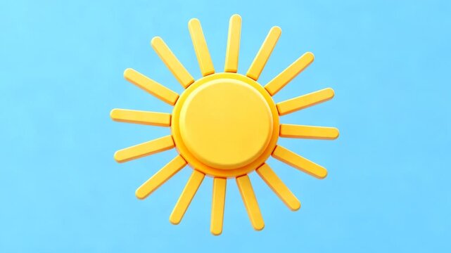 3D sun icon with bright yellow rays on light blue background in minimal modern style for weather sunshine summer concept illustration.
