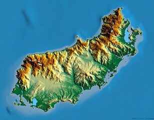 Color-coded topographic map of an island, highlighting elevation changes and coastal features