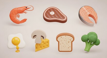 A diverse collection of 3D rendered food icons representing key nutritional ingredients like meat, fish, shrimp, vegetables, and grains