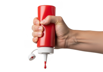 Hand Squeezing Ketchup Bottle Isolated on Transparent Background