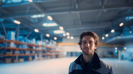 Fototapeta premium bluecollar. A warehouse worker with a focused expression, highlighting dedication and hard work. safety posters, maintenance manuals, designed for precision metalworking and fabrication facilities. 